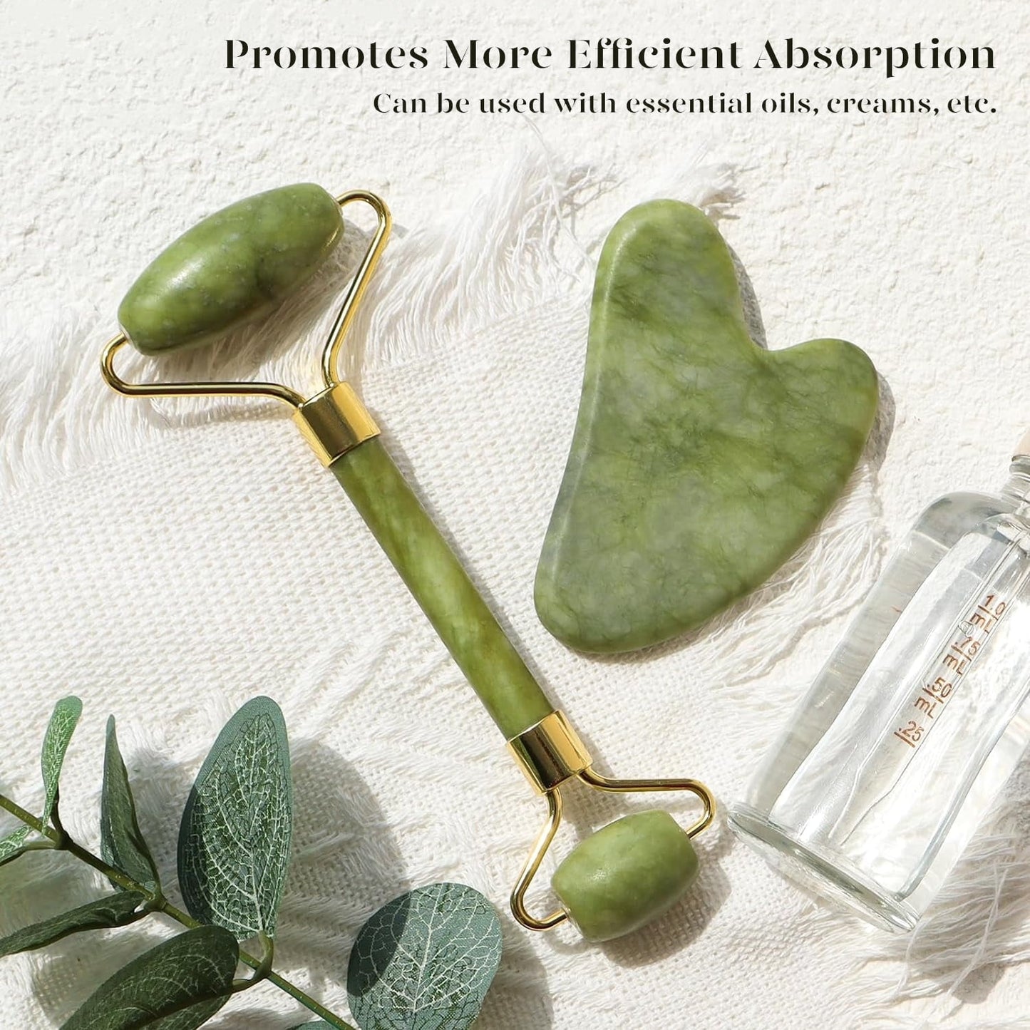Jade Roller and Gua Sha Set - Natural Jade Facial Massage Tools for Skin Care, Green