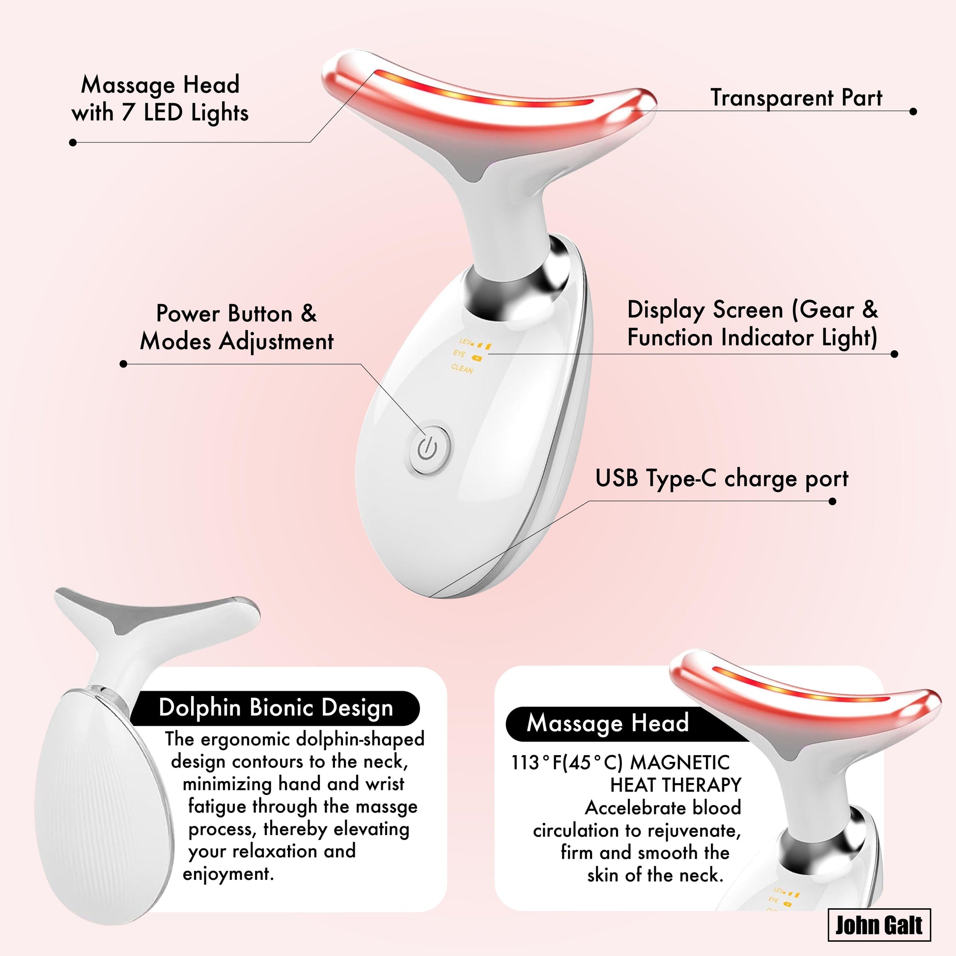 Revitalize Your Skin with the 7-in-1 Dolphin-Shaped Red Light Therapy Massager for Face and Neck - Featuring 7 LED Modes for Ultimate Care