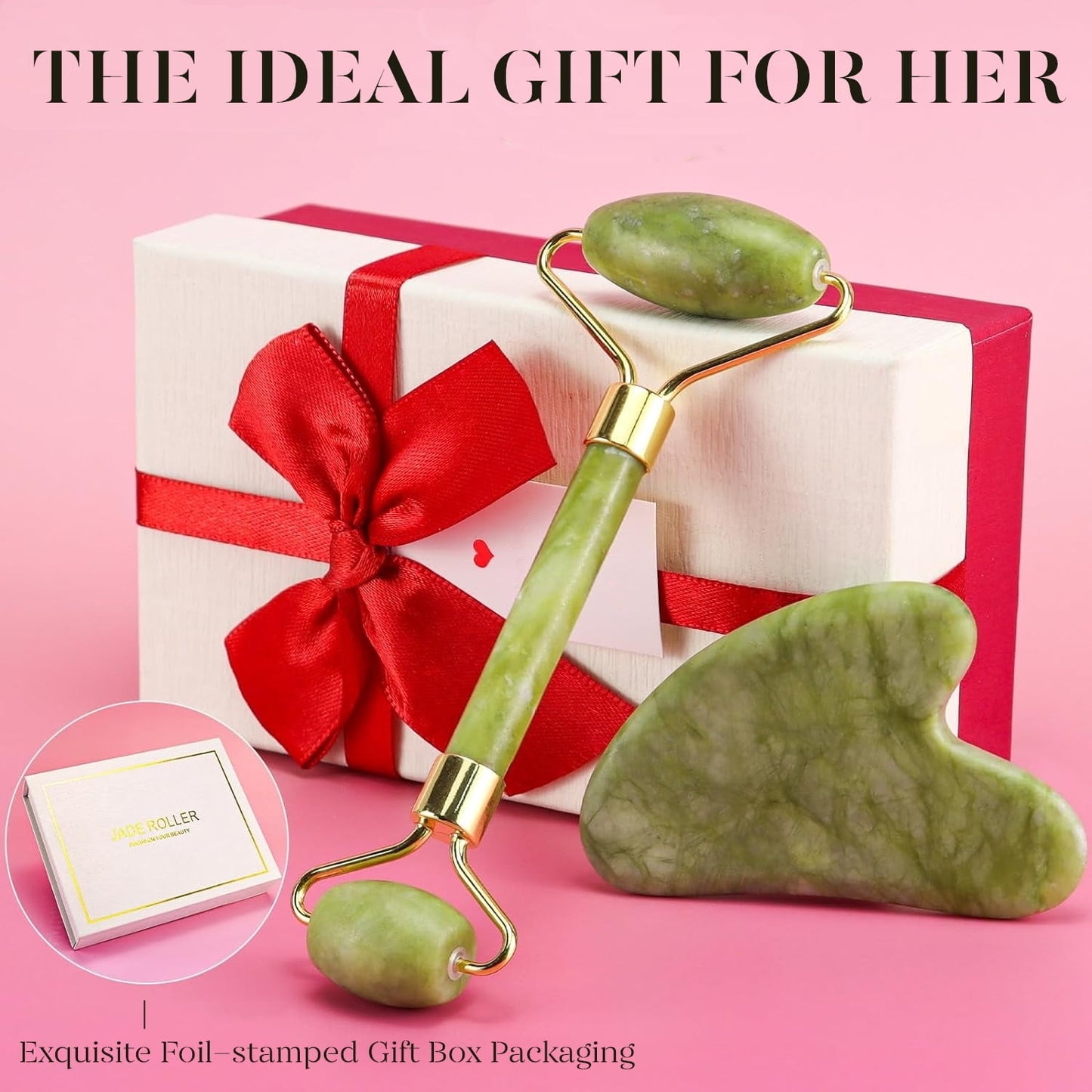 Jade Roller and Gua Sha Set - Natural Jade Facial Massage Tools for Skin Care, Green
