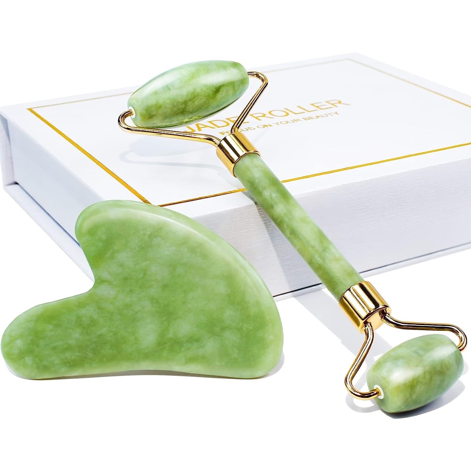 Jade Roller and Gua Sha Set - Natural Jade Facial Massage Tools for Skin Care, Green
